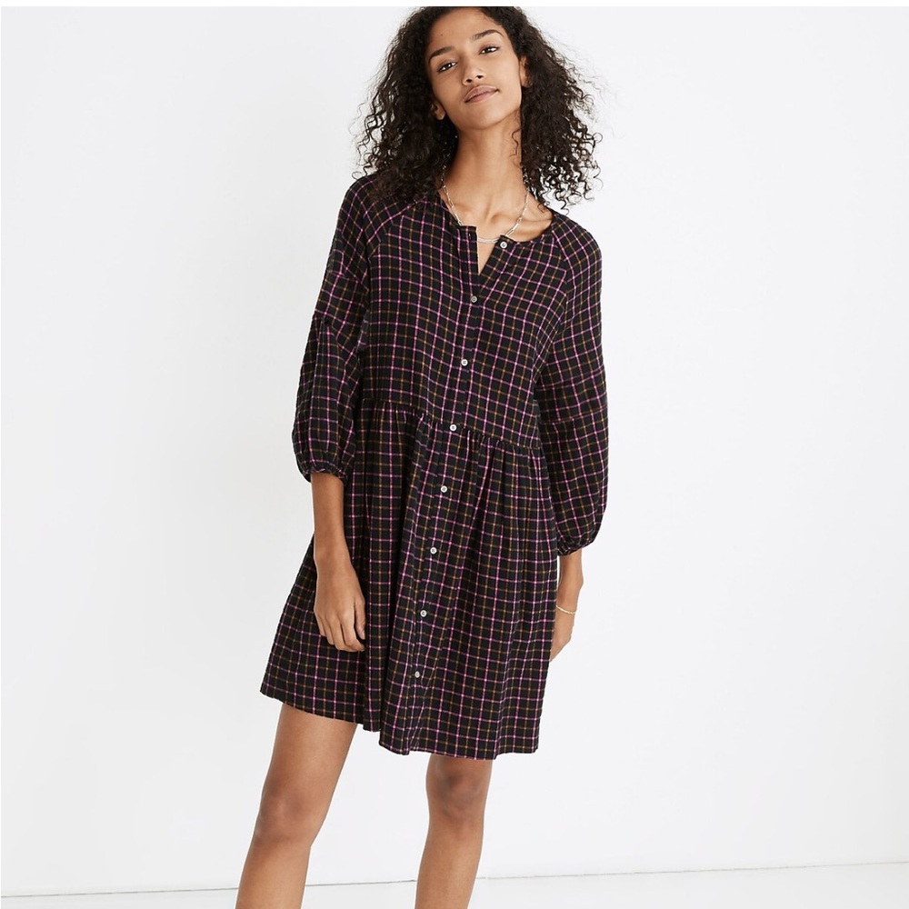 NWT: Madewell Plaid flannel raglan button-front shirtdress size 2